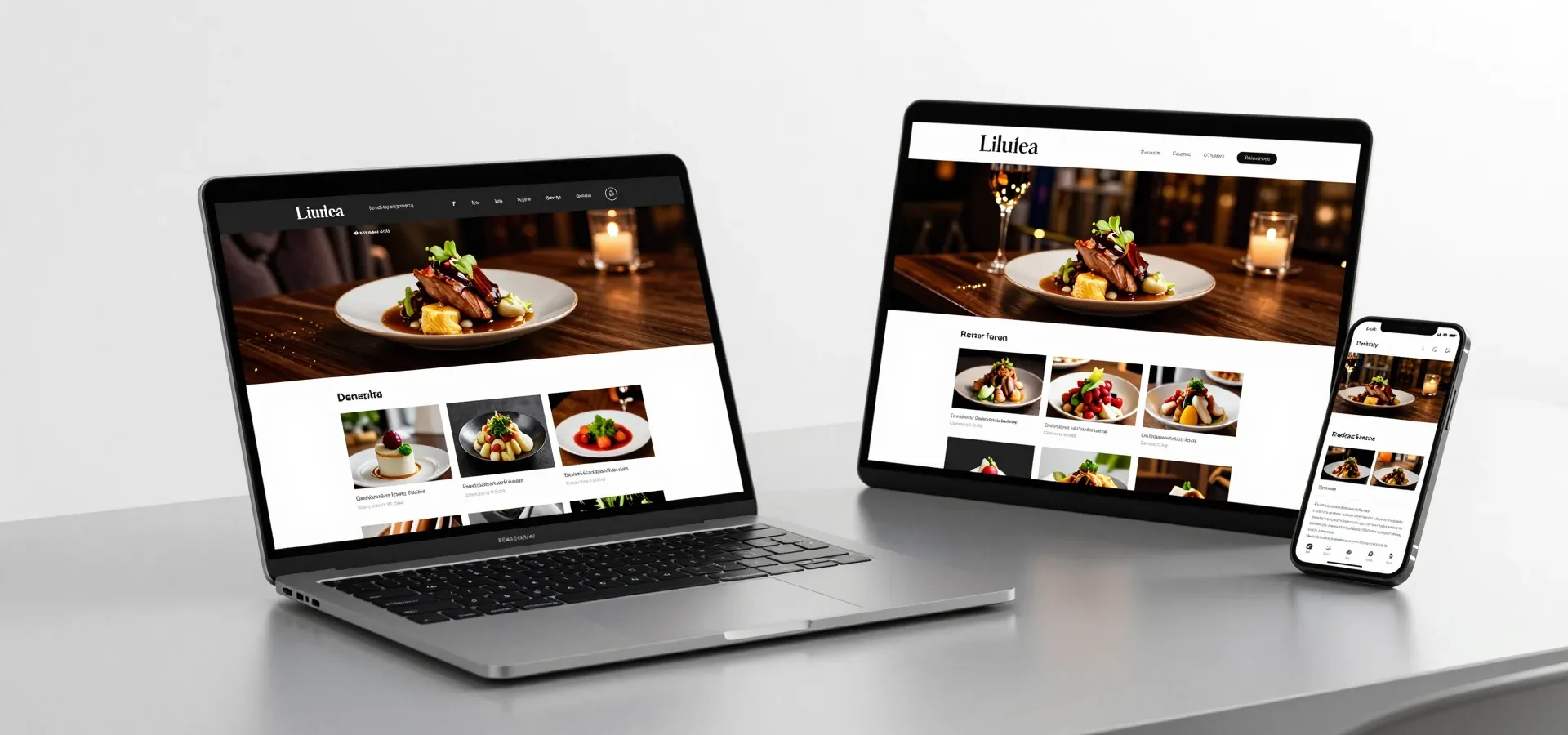 Restaurant website and food photography displayed on a laptop, tablet and phone