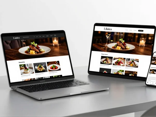 Restaurant website and food photography displayed on a laptop, tablet and phone