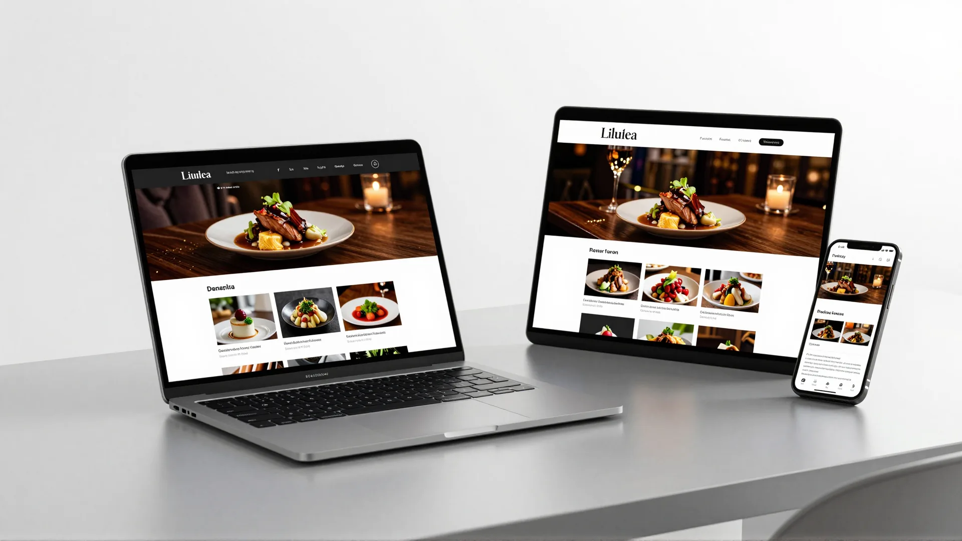 Restaurant website and food photography displayed on a laptop, tablet and phone